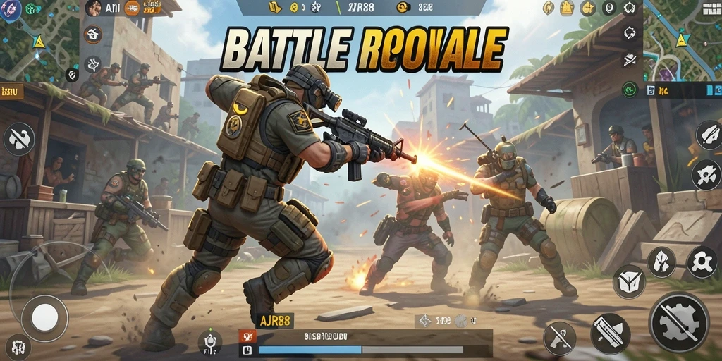 Screenshot gameplay AJR88 menunjukkan pertarungan sengit antar pemain dalam arena.