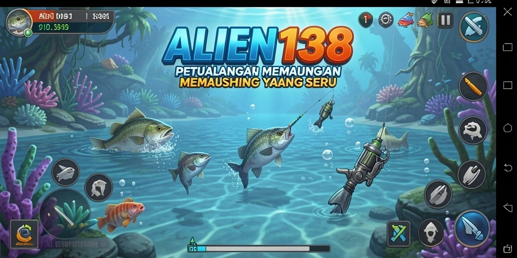 Screenshot menggambarkan gameplay seru di ALIEN138 dengan berbagai ikan warna-warni.