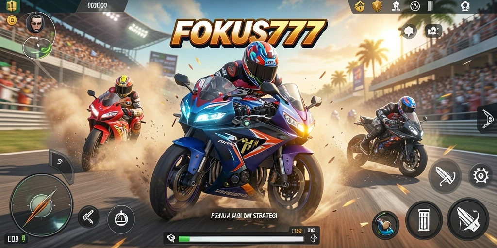 Gameplay menarik FOKUS777 dengan motor balap di trek yang menantang.