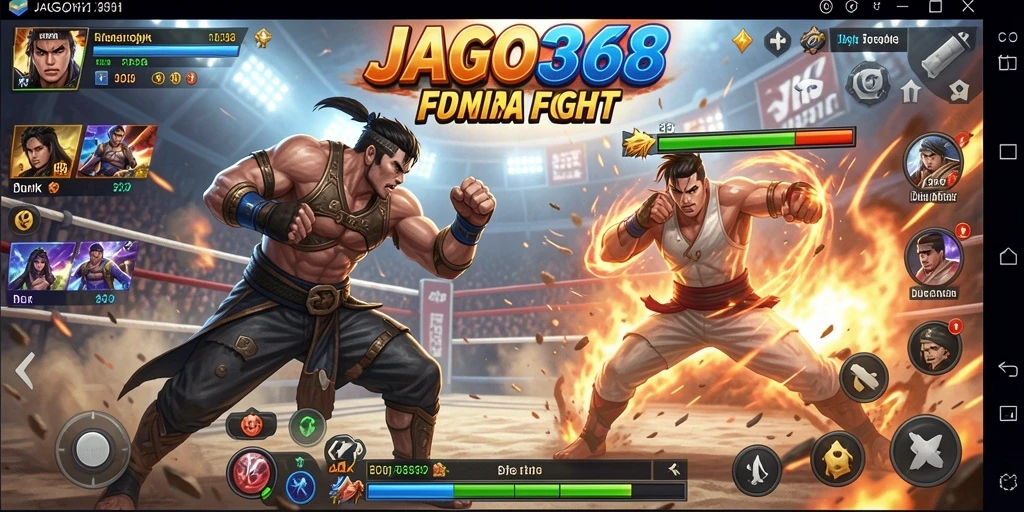 Tampilan screenshot utama JAGO368 menampilkan karakter bertarung di arena yang dinamis.