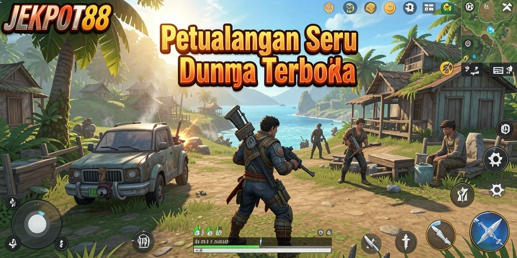 Screenshot gameplay JEKPOT88 menunjukkan eksplorasi dunia terbuka yang luas.