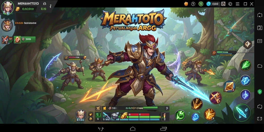 Screenshot gameplay MERAHTOTO menampilkan pertarungan epik di dunia fantasi.