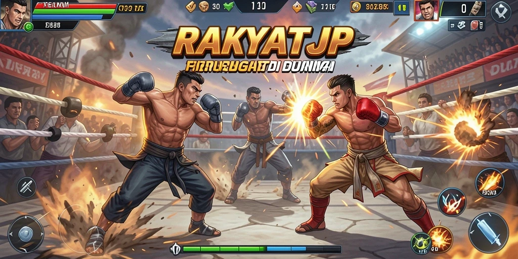 Tampilan pertarungan intens di RAKYATJP dengan karakter yang beragam.