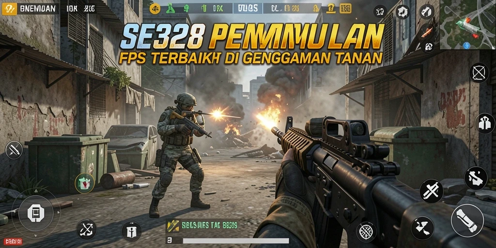 Screenshot gameplay SE328 dengan aksi menegangkan di medan pertempuran FPS.